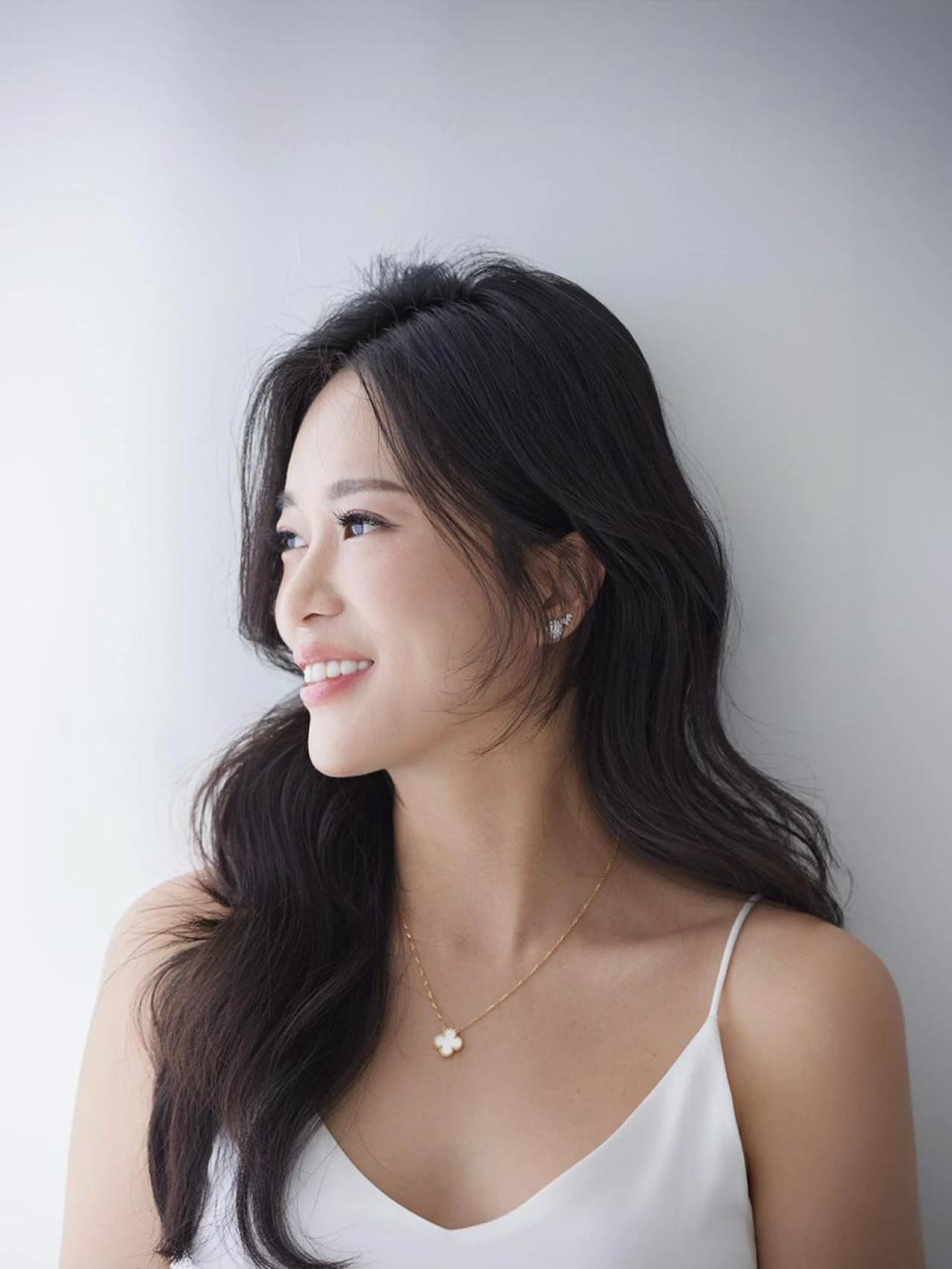 Stephanie Teo in a white slip dress, smiling in profile against a soft grey wall